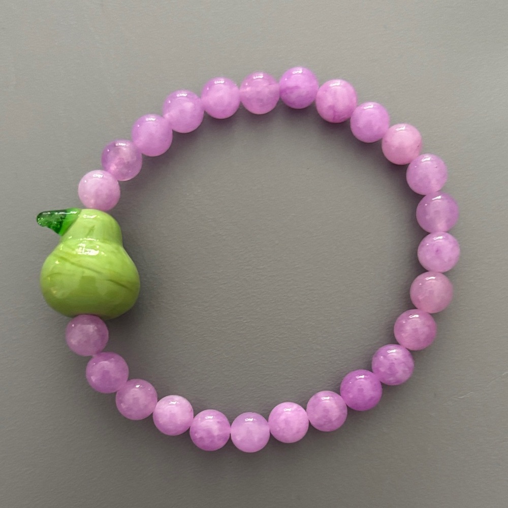 Kunzite Beaded Bracelet with Glass Green Pear Charm